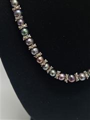 TAHITIAN STYLE BLACK PEARL AND OXIDIZED METAL BEAD STRAND NECKLACE